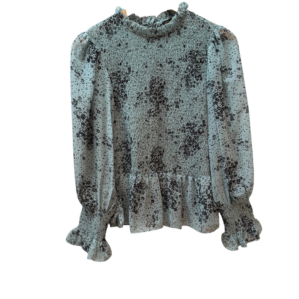 Petal Roz Light Blue Floral Smocked Peplum Blouse Mock Neck Long‎ Sleeve Large